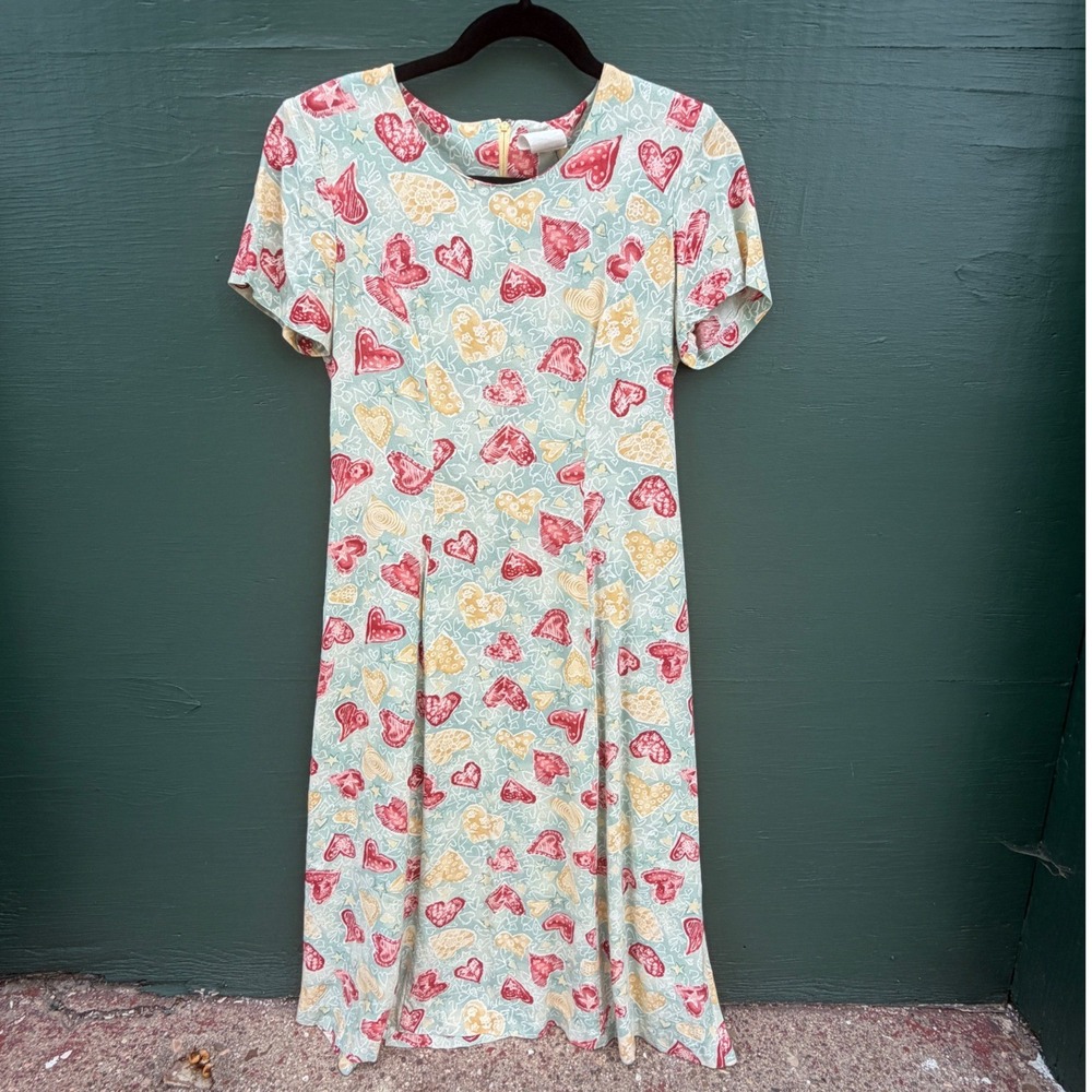 Vintage 90s Jerell Heart Star Print Midi Fit Flare Dress Cottage Teacher Sz 6 S
